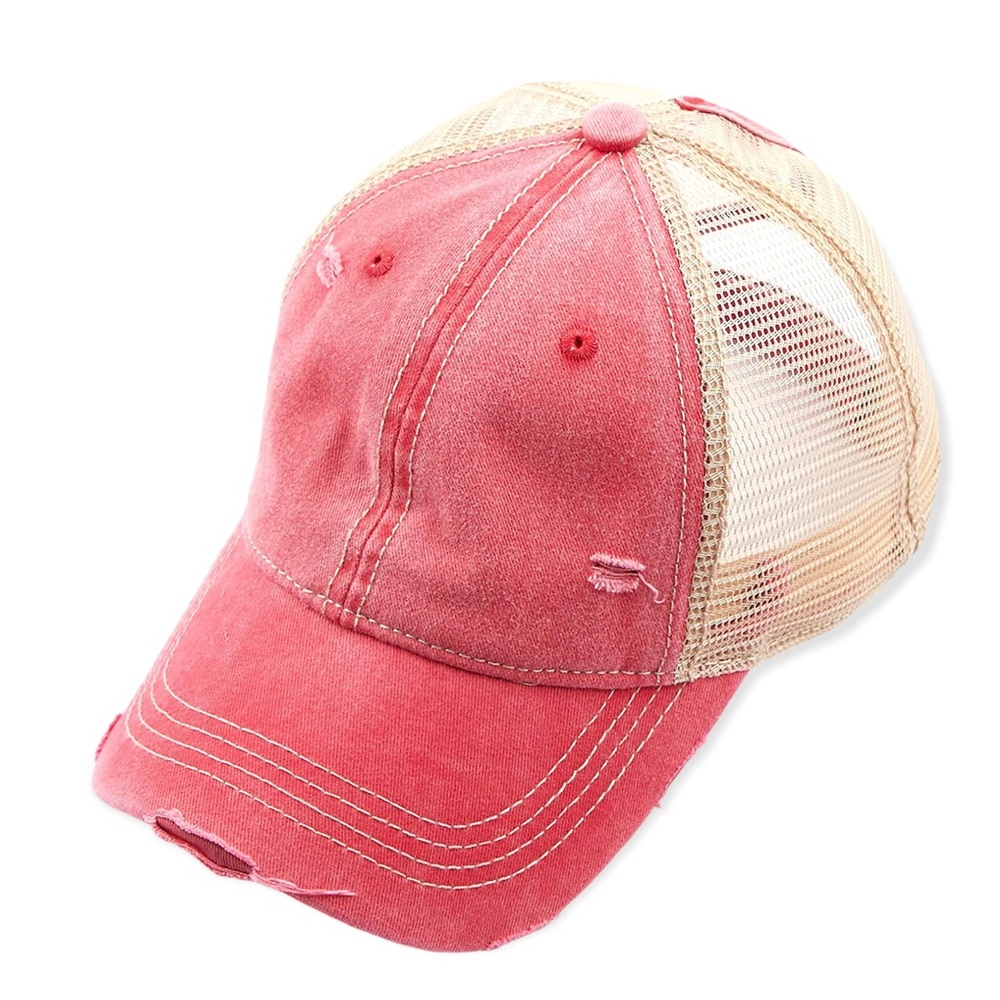CORAL DISTRESSED PONYTAIL HAT